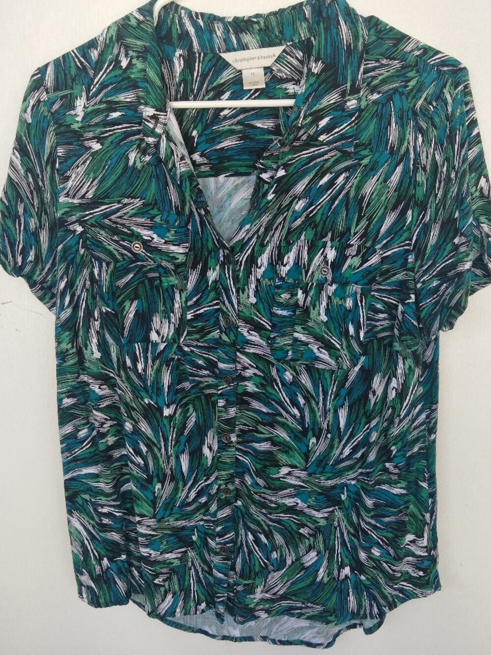 Christopher & Banks Short Sleeve Button Down Shirt, Pockets, Green/Blue Abstract